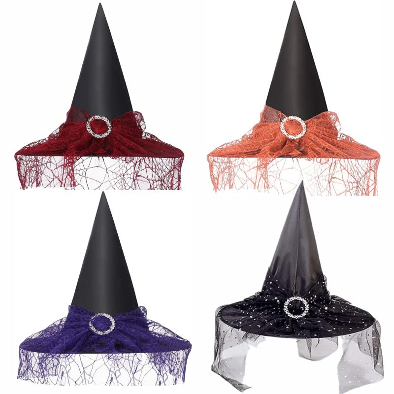 4Pcs Halloween Witch Hats Set Gauze Wizzard Caped Cap Cosplay Costume Carnival Party Decoration Headwear Ghost Festival Gathering Fancy Dress Taffeta Outfit Accessories Gift for Adult