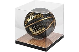 J JACKCUBE DESIGN Basketball Display Case Stand with Wooden Base, Clear Storage for Collectible Sports Memorabilia Holder Cube Case, Autograph Ball Standing Display, Floor (Printing) - MK342SS
