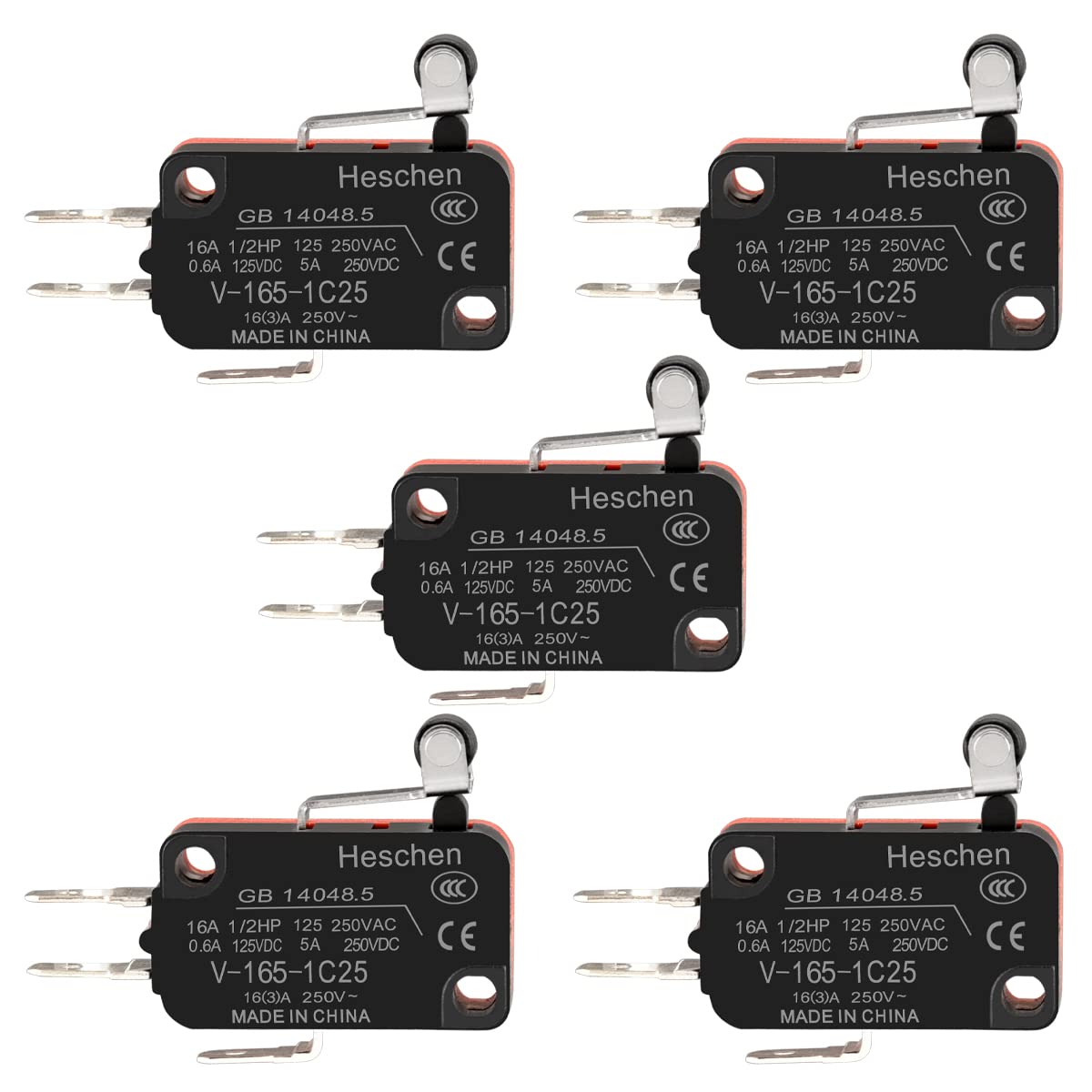 Heschen Micro Switch, V-165-1C25, SPDT, Short Roller Lever, 16A 250VAC, 5PCS
