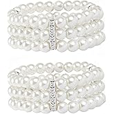 MONAZEO 2-8Pcs 1920s Flapper Imitation Pearl Bracelet 3-Rows Stretch Bracelet Multi-Layered Elastic Bangle Bridal Wedding Jewelry Roaring 20s Accessories Jewelry