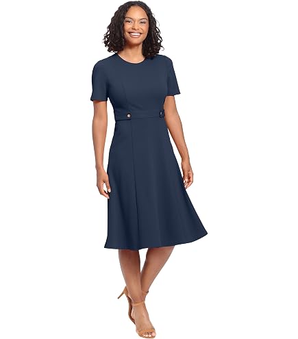London Times Women's Dresses Short Sleeve Crepe Fit and Flare Midi with Waist Button Detail, Mulberry, 4 at Amazon Women's Clothing store