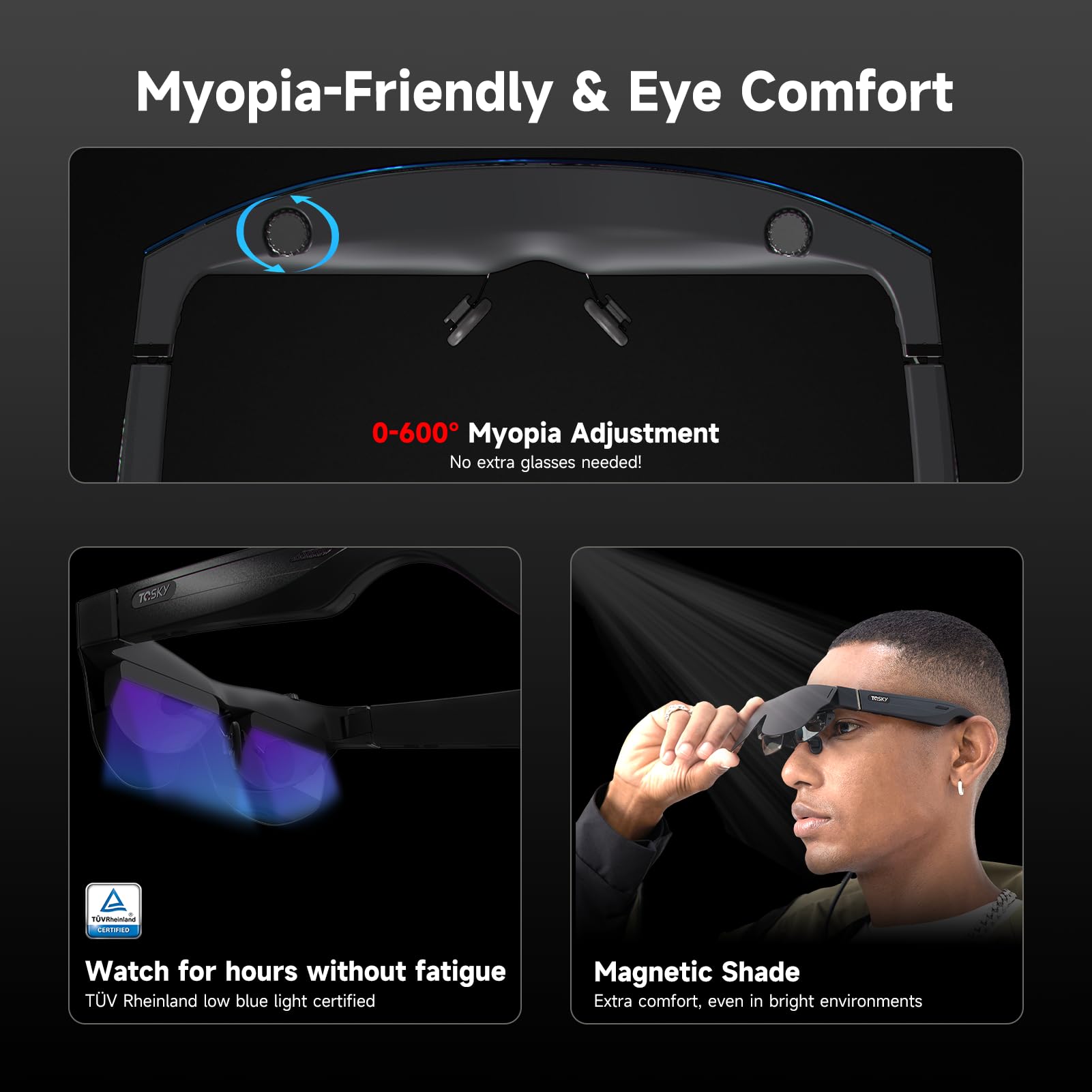 TQSKY T1 AR Glasses with TBOX, Smart Glasses Trendy Tech Gadgets, Video Glasses with 150'' 1800-Nit Ultra-Sharp Screen& -6.00D Adjustment, for Watching Live Sports, Movies, Reading and Entertainment