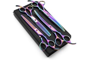 Moontay Professional 7.0" Dog Grooming Scissors Set, 4-pieces Straight, Upward Curved, Downward Curved, Thinning/Blending Shears for Dog, Cat and Pets, JP Stainless Steel, Multicolour
