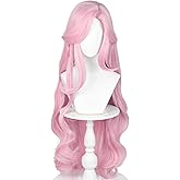 Half and Half Long Curly Light Pink Pony Wig with Side Part Bangs 39'' Pastel Pink Anime Cosplay Wave Wigs Syntehtic Hair for Women Halloween Party Costumes