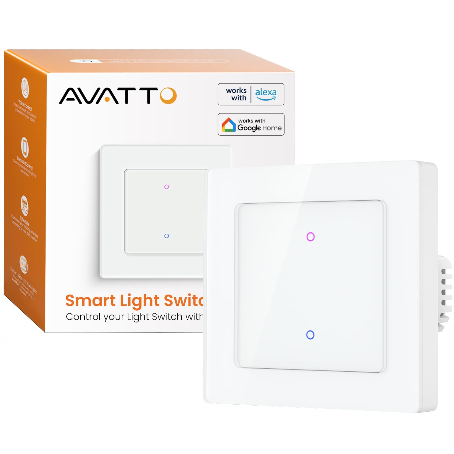 AVATTO Smart Light Switch 55 Standard WLAN Wall Switch Supports Alexa, Google Home Voice Control and Smart Life App Remote Control, Neutral Conductor Required, 2 Gears, White