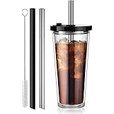 ALINK Reusable Iced Coffee Cup with Lid and Straw, 24 oz Boba Tea Smoothie Cup, Leak Proof Double Wall Insulated Iced Coffee Tumbler for Hot Cold Drinks, Bubble Tea, With 2 Boba Straws 1 Brush