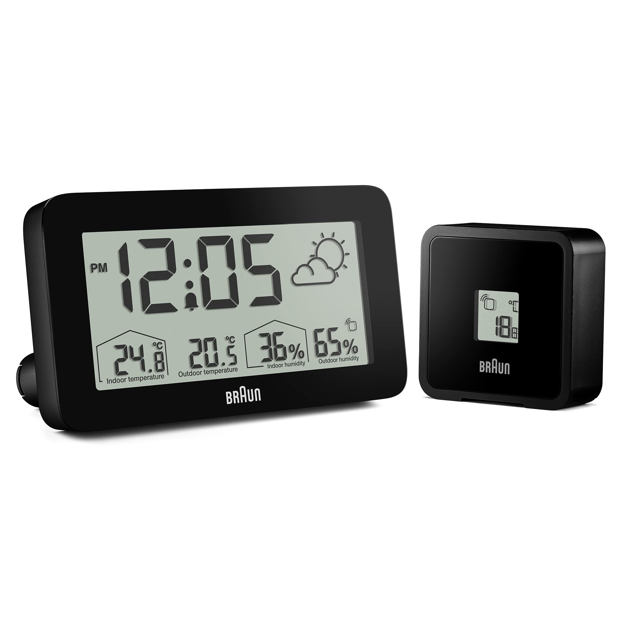 Braun Digital Weather Station Clock with Indoor and Outdoor Temperature and Humidity, Forecast, LCD display, Quick-set, Crescendo beep alarm in black, model BC13BP.