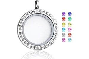 GraceAngie 2pcs Living Memory Floating Charm Round Glass Locket Necklace Pendant, Magnetic Closure - 12 Crystal Birthstones I