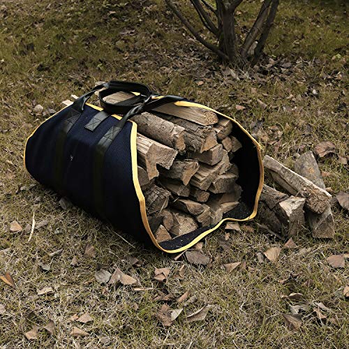 IKEPOD Canvas Firewood Log Carrier - Fire Wood Tote Bag Storage, Fireplace Wood Stove Accessories, Durable Large Holder for Camping, Design with Leather Handle