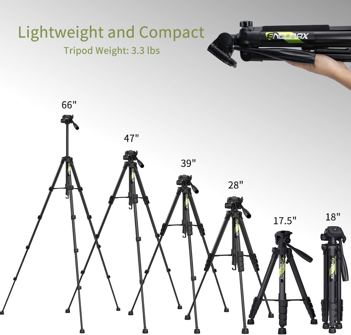 Endurax 66" Video Camera Tripod for Canon Nikon Lightweight Aluminum Travel DSLR Camera Stand with Universal Phone Mount and Carry Bag : Camera & Photo