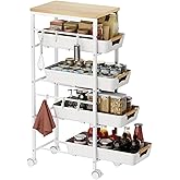 Landmok 5-Tier Slim Storage Cart, Wooden Top Rolling Kitchen Cart with Pull-Out Baskets & Wheels, Narrow Space Utility Cart Slide Out Organizer for Kitchen, Bathroom, Laundry Room, White