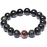 Black Obsidian Bracelet,Feng Shui Black Obsidian Wealth Bracelet for Women Men Couples Handmade Stretch Obsidian Bracelet Bangle with Carved Pixiu Tiger Eye Stone Attract Wealth Money and Good Luck