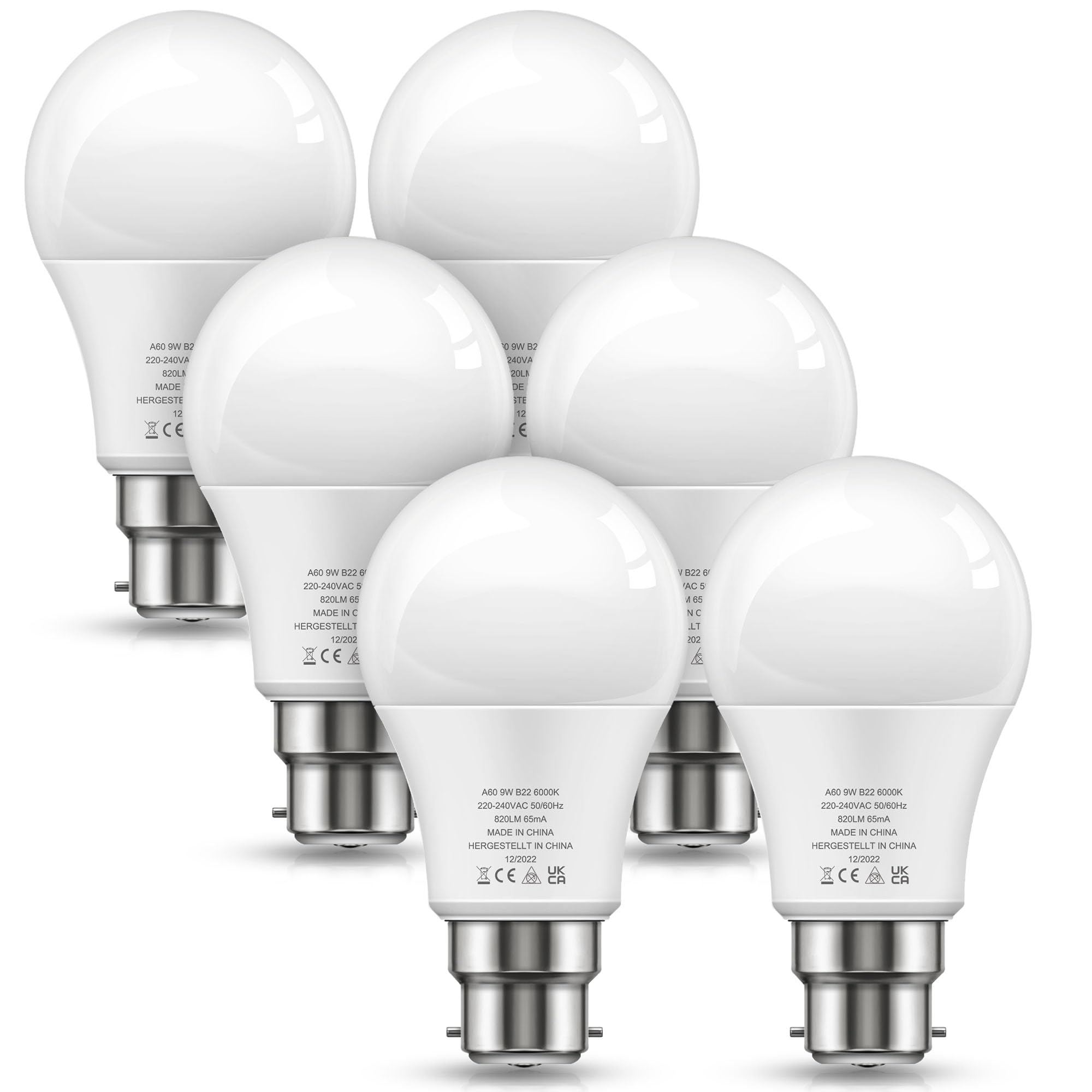 LOHAS-LED Bayonet Light Bulb, 9W B22 LED Bulbs Cool White 6000K, 60W Equivalent Light Bulbs Bayonet, 820LM, Non Dimmable, Energy Saving Light Bulbs, 6 Pack