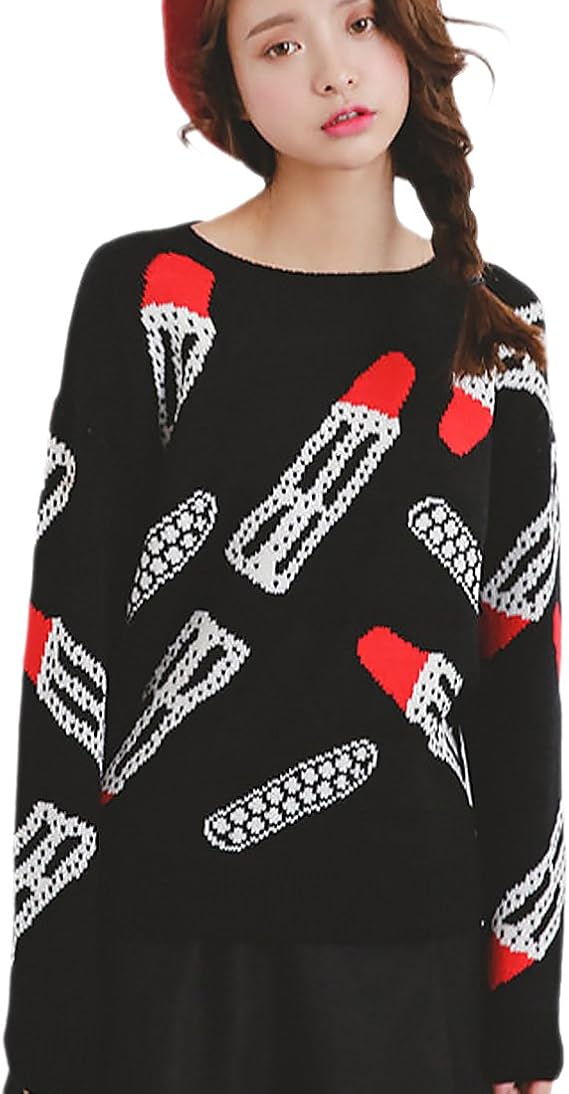 Amazon Halfrose 15秋冬 新 デザイン ニット レディース ファッション シンプル セーター コーディネート 口紅 モチーフ ブラック セーター 通販