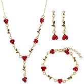 LANWLOSI Red Rose Necklace Earrings and Bracelet for Women 3 Pcs Set Red Rose Jewelry Rose Flower Pendant Necklace Red Rose Dangle Earrings Dainty Rose Bracelet Prom Wedding Party Jewelry Accessories