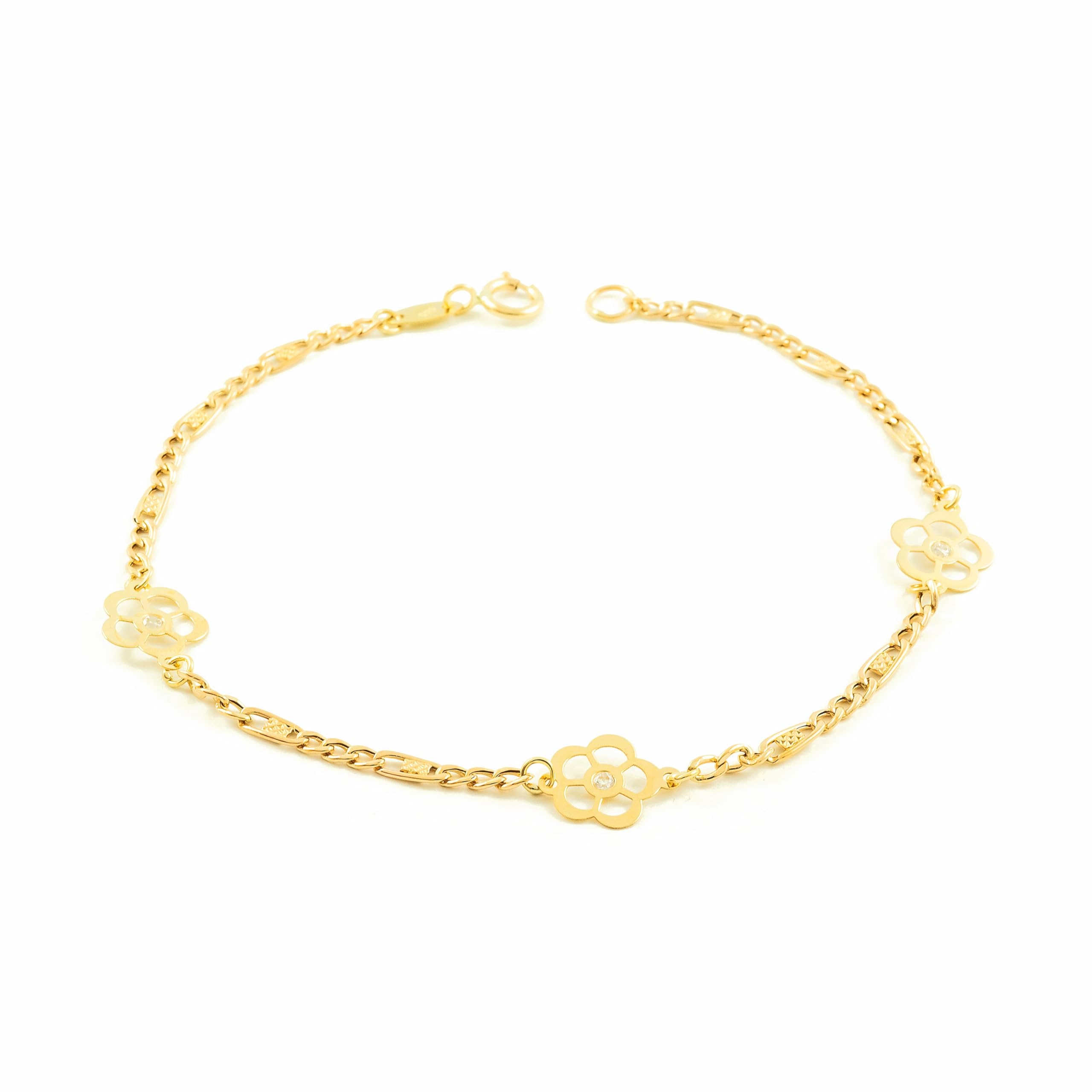 Monde Petit - 9ct Yellow Gold Girls Bracelet Circonite Sparkle Flowers 17 cm