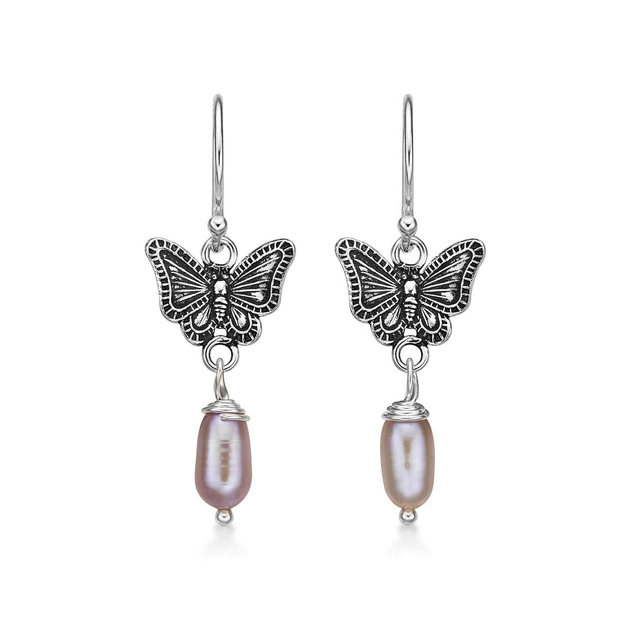 Diamond Treats 925 Sterling Silver Pearl Earrings with Pink Freshwater Pearl and Oxidised Butterfly Design. The Sterling Silver Butterfly Earrings with Fishhook Backs are a Lovely Gift for Women