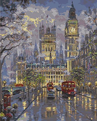 YEESAM ART DIY Paint by Numbers for Adults Beginner London Street Evening Scene 16x20 inch Linen Canvas Acrylic Stress Less Number Painting Gifts (with Frame)