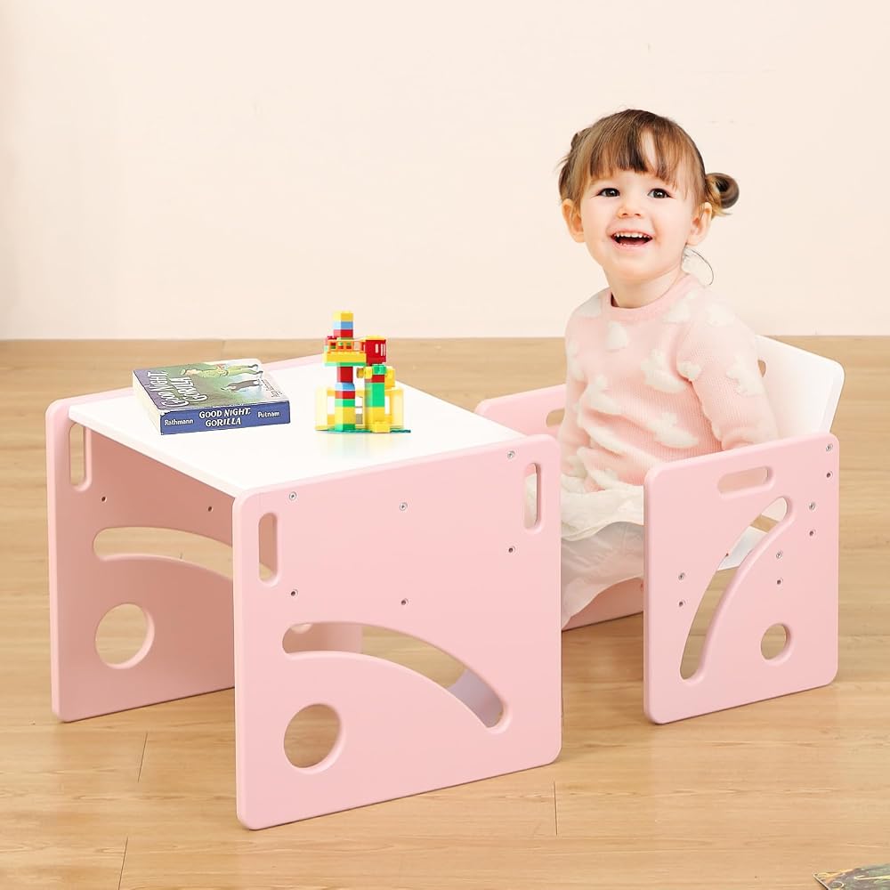 FUNLIO Montessori Table & Chair Set Pink for Toddlers 1-3 Height Adjustable