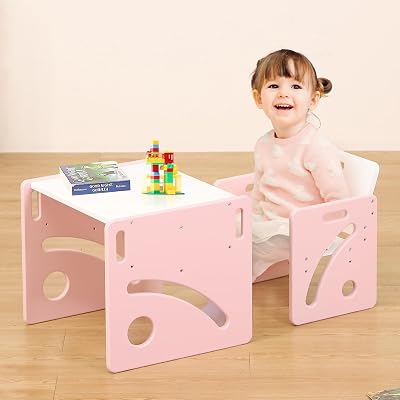FUNLIO Montessori Table & Chair Set Pink for Toddlers 1-3 Height Adjustable