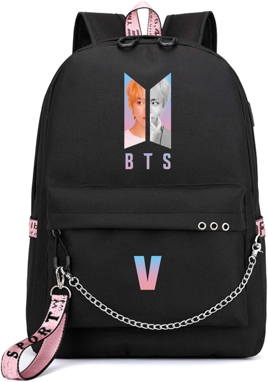 Kpop Boys Group Backpack Daypack School Bag Bookbag with USB Charging Port Suga v J-Hope Jin Jimin Jung Kook for Fans