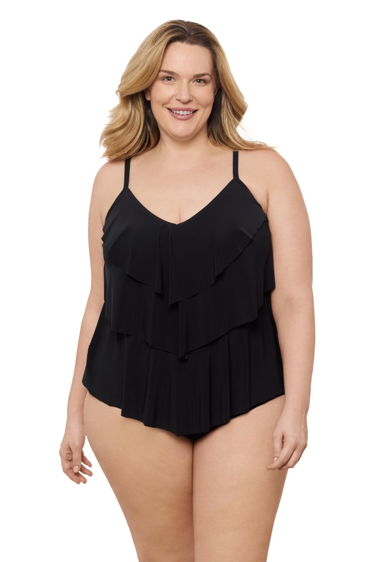 Photo 1 of Aqua Green Women's Triple Ruffle Tier Swim Tankini Top with Adjustable Straps, Black, Large