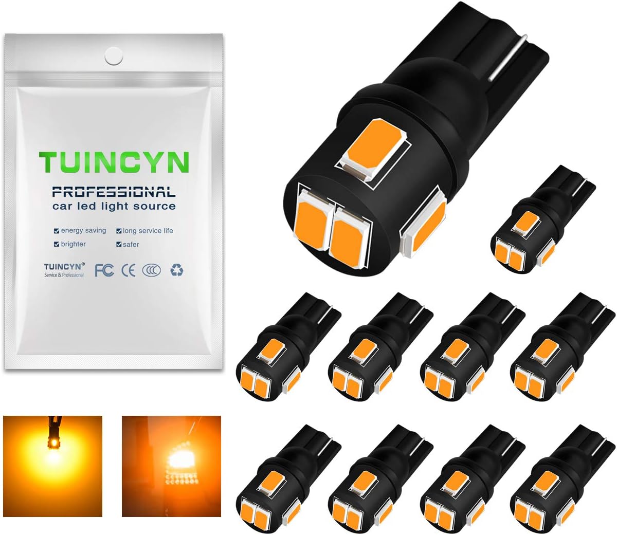 TUINCYN T10 194 168 LED Bulbs 6000K Extremely Bright 2825 175 921 912 Socket Interior LED Bulbs Amber Yellow Side Markers License Plate Light Dashboard Light 2W 12V 450 Lumens 5630 6SMD (10pcs)