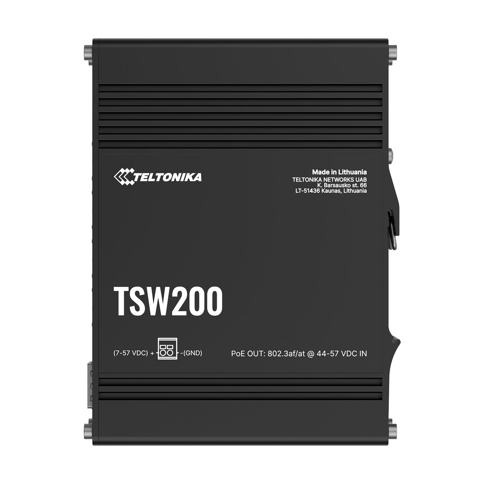 Teltonika TSW200 PoE+ Ethernet switch, 8 x Gigabit Ethernet, 2 x SFP, integrated DIN rail bracket, durable design