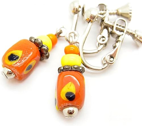 Amazon ペア売り E 橙色 イヤリング トンボ玉 ハンドメイド オリジナル メール便 カラフルビーズ レディースピアス 通販 アクセサリー 可愛い 安い 手作りビーズ ジュエリー 手作り アジアン エスニック ピアス 通販