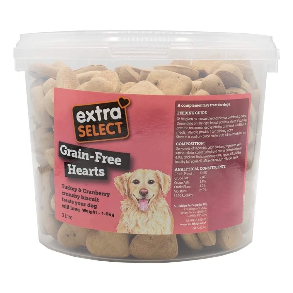 Extra Select Grain Free Baked Heart Shaped Dog Treat Biscuits with Turkey & Cranberry in a 3ltr Bucket (approx 320 biscuits)