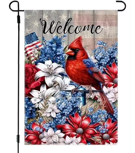 Patriotische Gartenflagge 4th Of July Mit Rotkehlchen & Blüten – Doppelseitig, 12x18 Zoll, Wetterfest Aus Polyester, Für Draußen