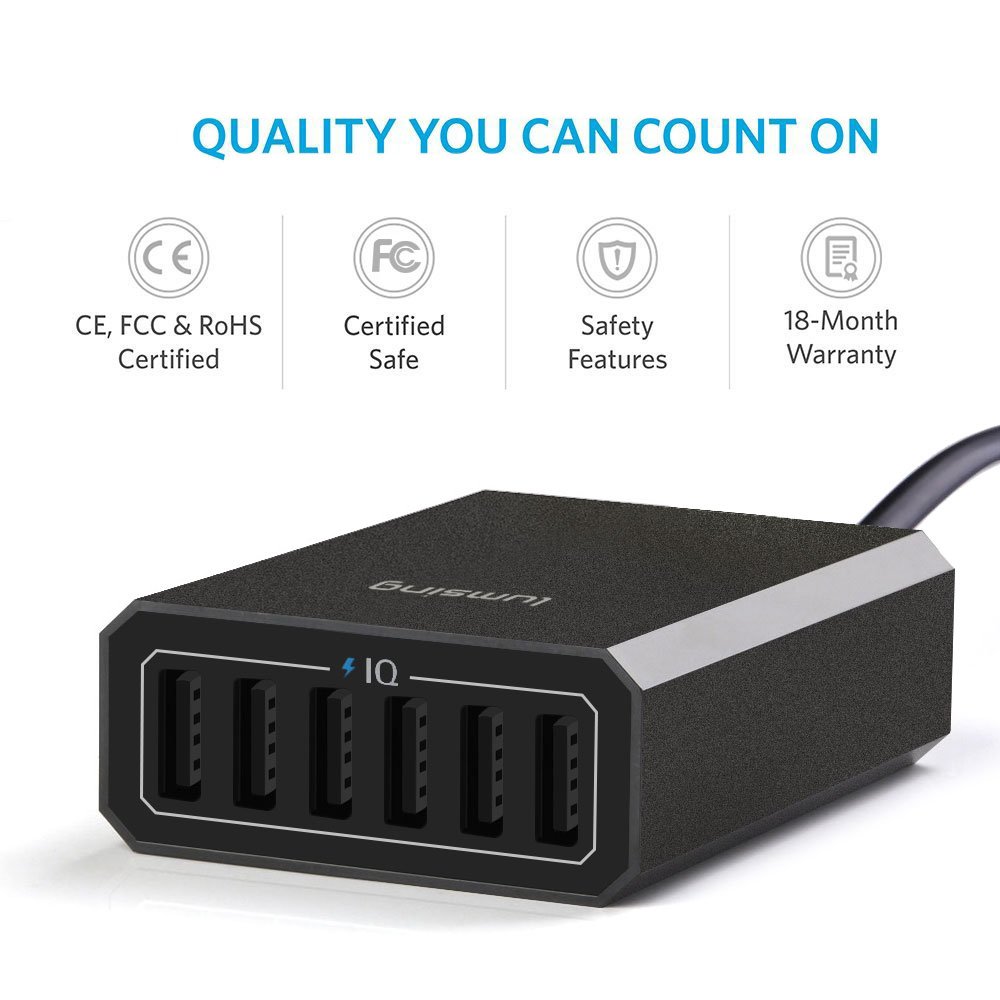 Lumsing 6 porte 60W Desktop Caricatore USB di ricarica adattatore con controllo intelligente per Samsung, iPhone, iPad, Apple, Smartphone e Tablets ecc. Nero