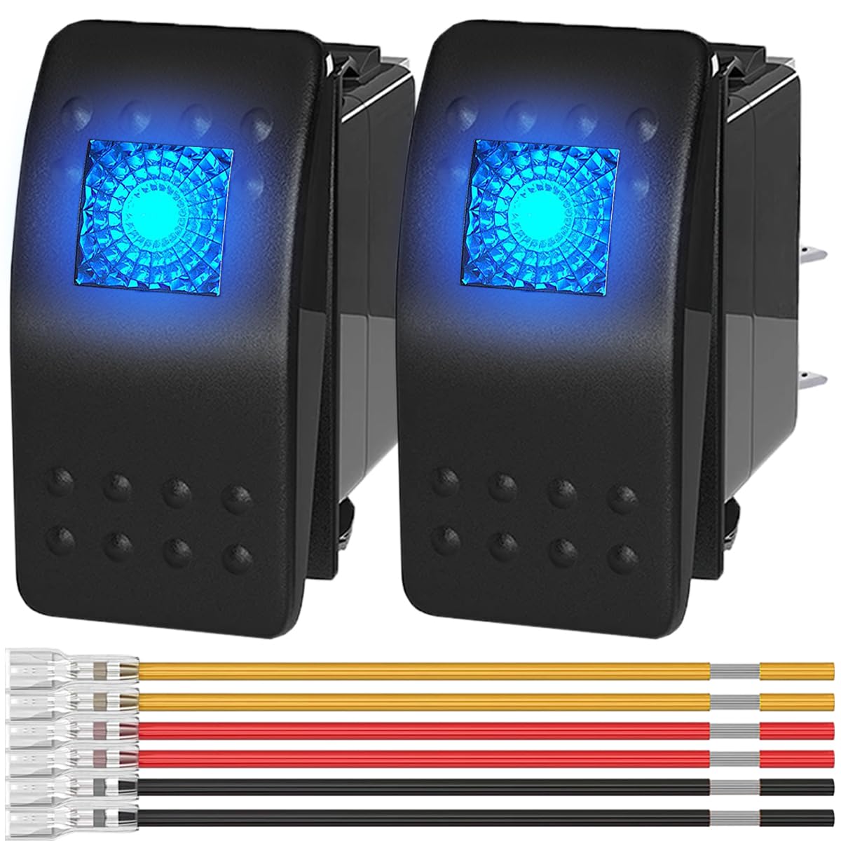 MKBKLLJY 2Pcs Marine Rocker Switch 12V Lighted Rocker Toggle Switch Blue LED Light Illuminated 3Pin SPST 2Position ON/Off Waterproof with Locked Terminal Wires for Boat UTV RZR ATV Car Automotive