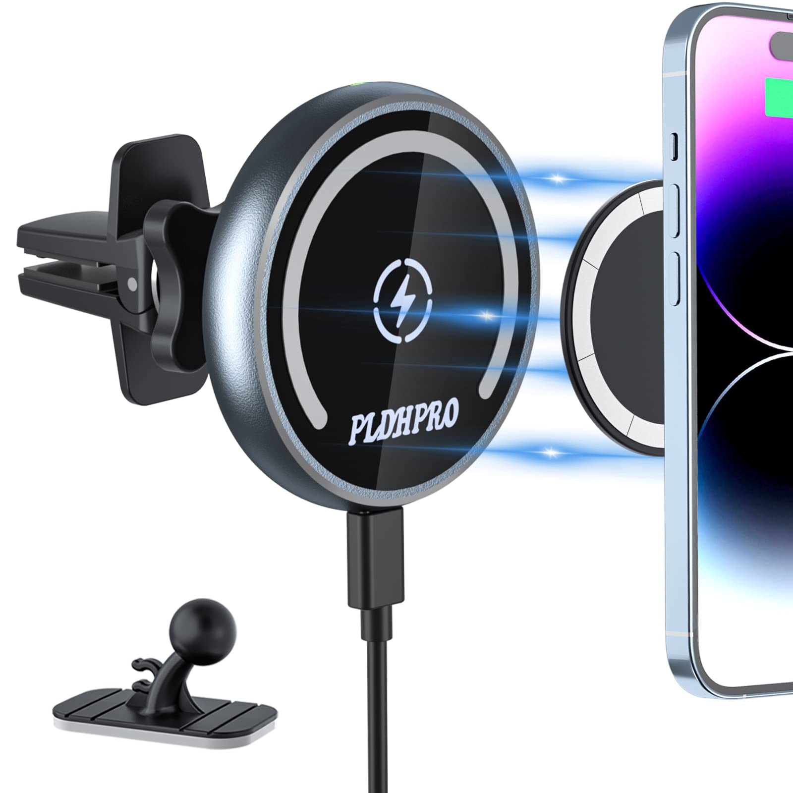 PLDHPRO Magnetic Wireless Car Charger for MagSafe Car Mount iPhone14 13 12 Pro Plus Max Mini MagSafe Case, Qi 15W Wireless Car Phone Charger, Car Dashboard and Air Vent Car Phone Holder