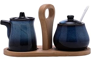 Sugar and Creamer Set with Tray Vintage Ceramic Creamer Pitcher ＆ Sugar Bowl with Lid and Spoon for Coffee Bar and Set for Co