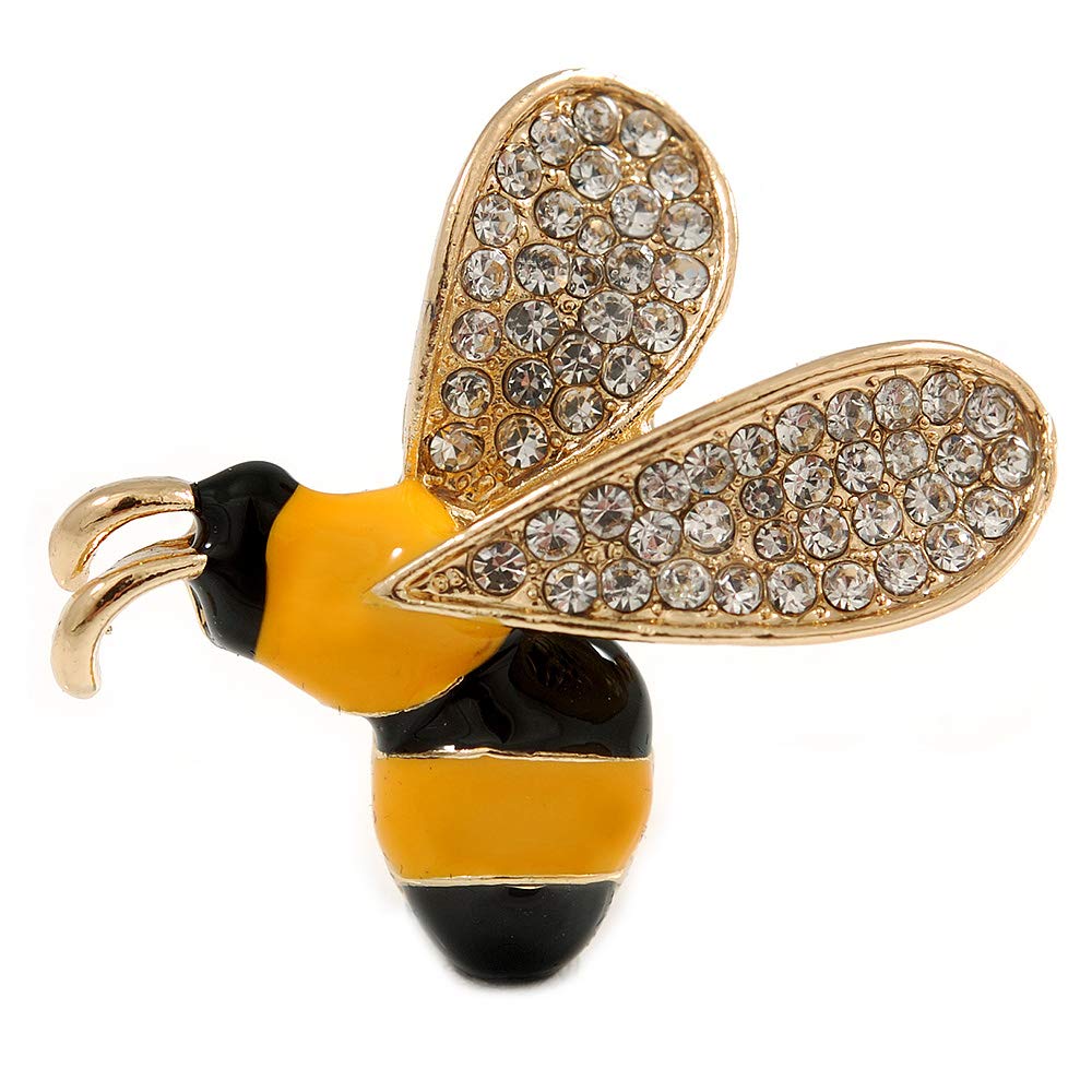 Small Crystal Enamel Bee Brooch In Gold Tone Metal (Black/Yellow) - 35mm Across