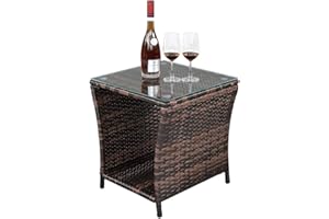 RPUZONIER Wicker Rattan Side Table, Outdoor Square Rattan Coffee End Table with Tempered Glass Top and Storage for Patio Porch Lawn (Brown)