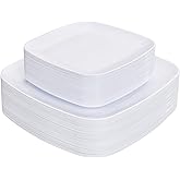 PULOTE 60PCS White Square Plastic Plates Disposable - Heavy Duty Party Plates Include 30 Dinner Plates,30 Dessert Plates for Parties&Weddings