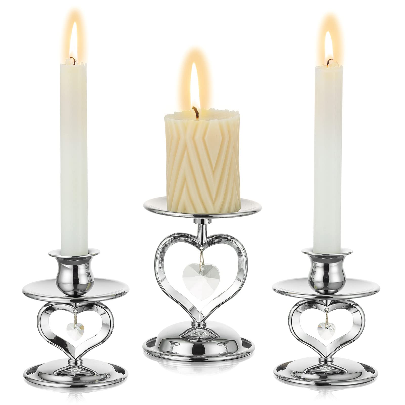 Nuptio Candle Sticks Holder Silver - 3 Pieces Unity Candle Holder for Pillar & Taper, Pillar Candle Holder Tapered Candle Stand Candlestick for Long Candles Gifts Christmas Wedding Dinning Party