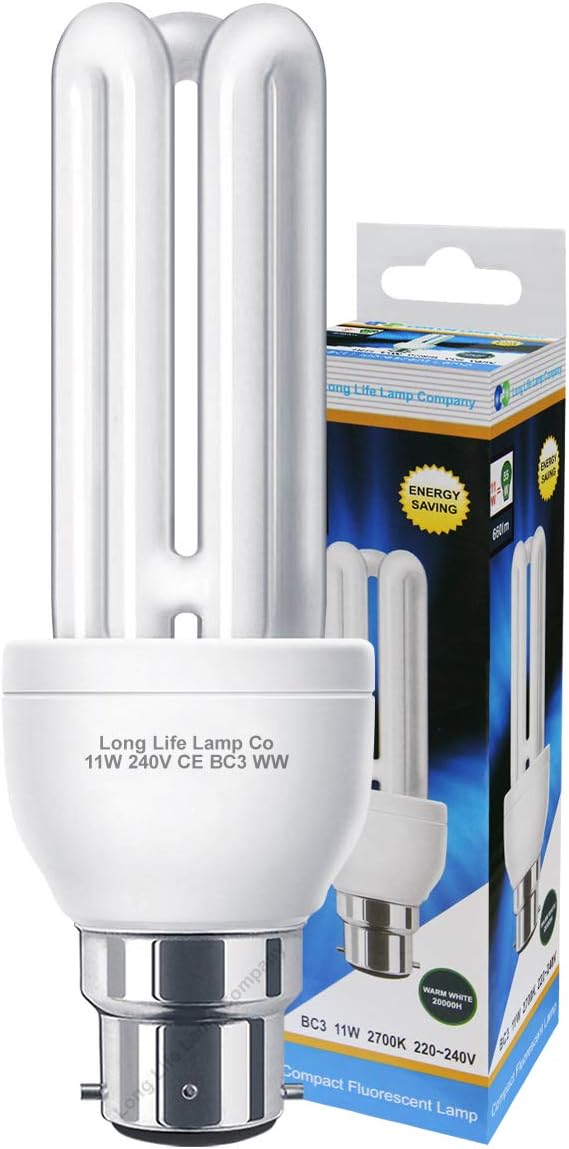 3 Pin BC3 Light Bulb CFL 11w Equivalent 55w Warm White 2700k Energy