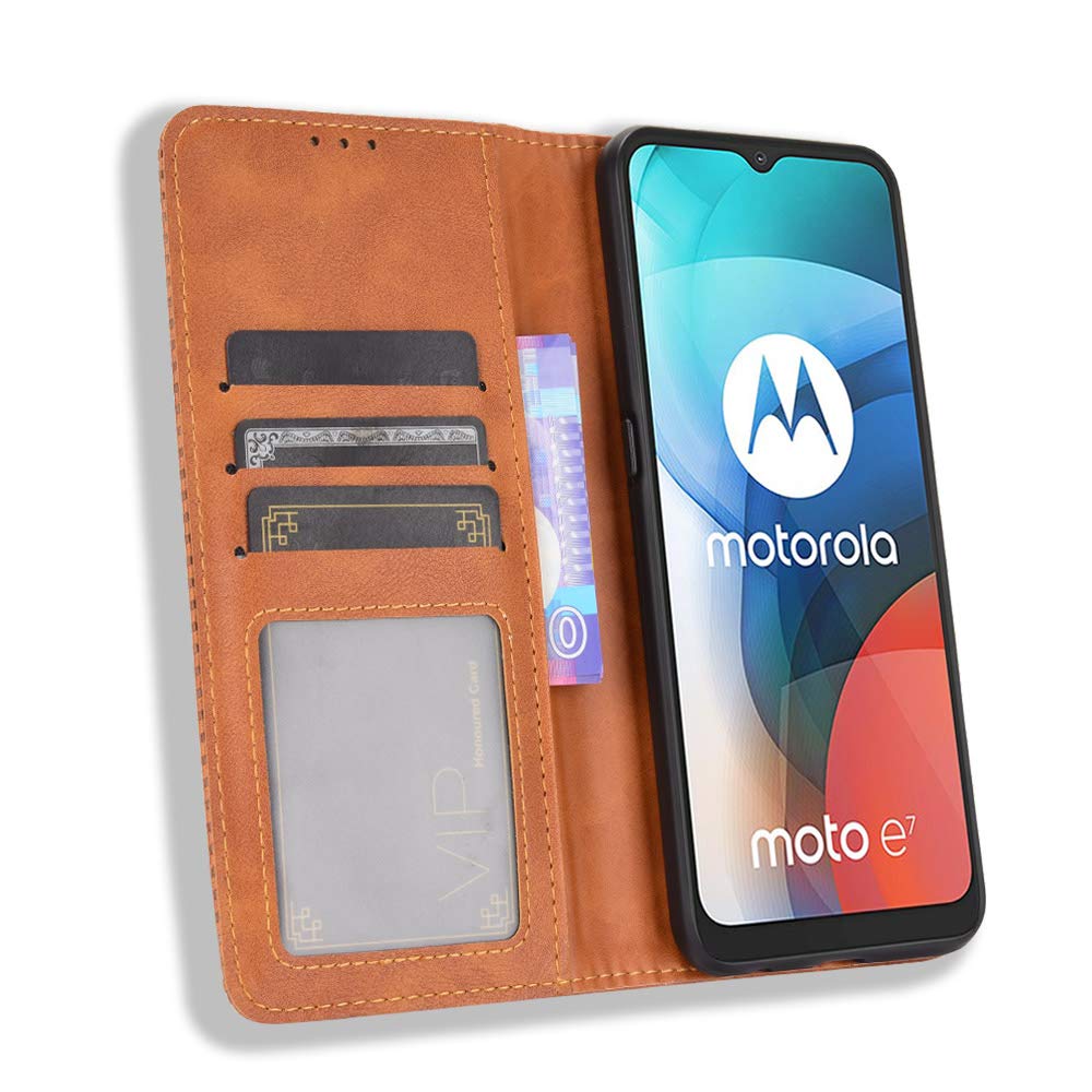 MingMing Wallet Case for Motorola Moto E7 Case, Retro Style Wallet Magnetic Cover with Credit Card Slots and Flip Stand, Leather Phone Case Compatible with Motorola Moto E7, Brown