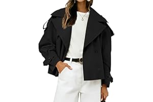 Muchpow Womens Cropped Trench Coat Double Breasted Lapel Casual Loose Fit Short Jacket Fashion Outerwear With Belt