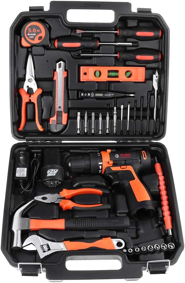 Miulika 12V Cordless Drill & Home Tool Kit 35 Piece Power Tools Kit General Household Repairing Mixed Tool Set with Drill Bits Sockets Screwdriver Hammer Toolbox Storage Case