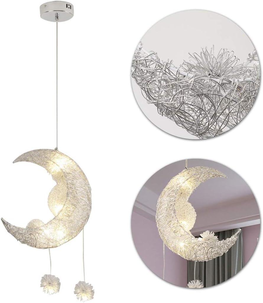 SOUTHPO Modern Moon Pendant Light Lamp Fixture Aluminum Chandeliers for Dining Rooms Girls Bedrooms Children Room Creative LED Star Adjustable Hanging Lights, 5×G4 Max 25W Warm White Light, Silver