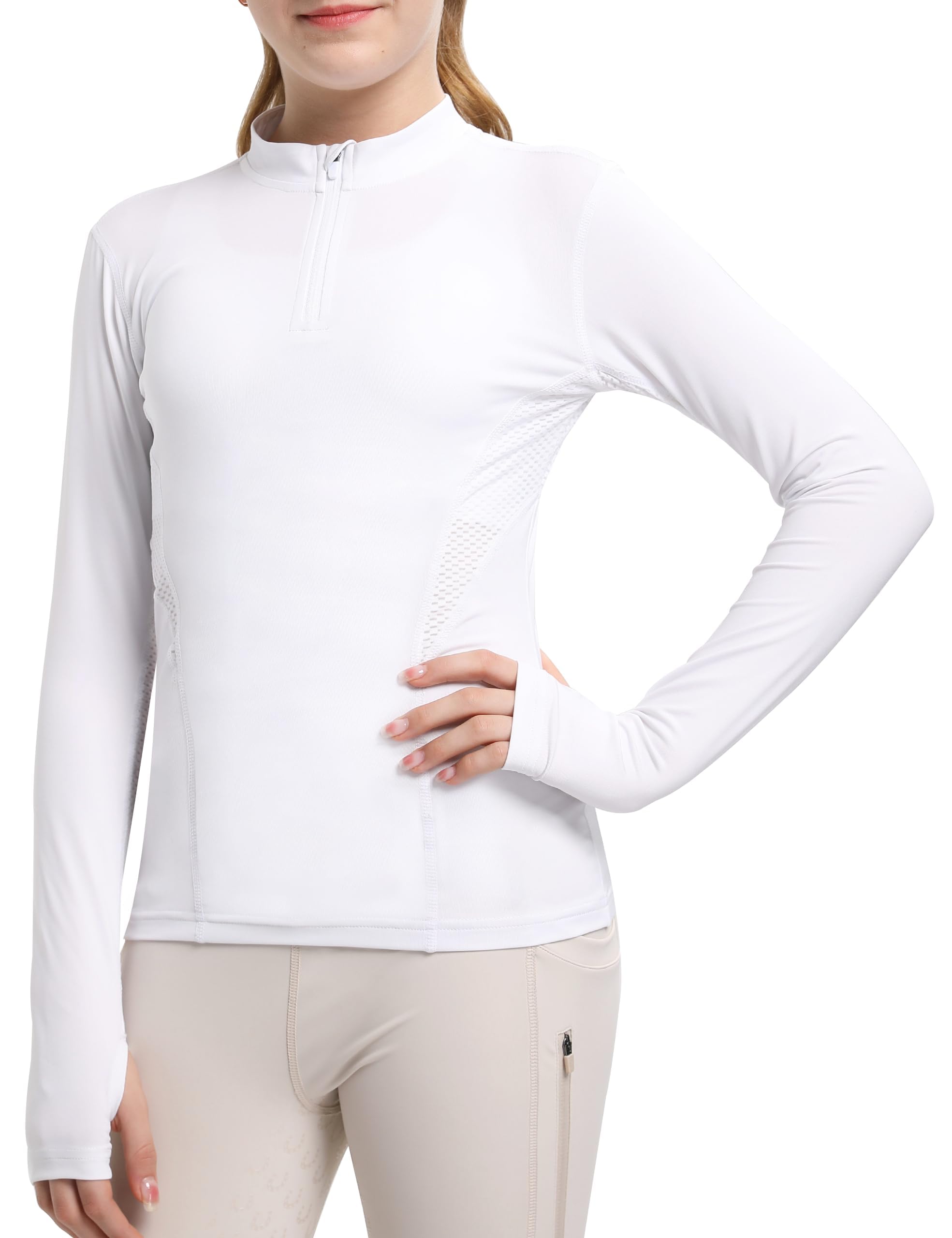 Photo 1 of FitsT4 Sports Girls Long Sleeves Shirts Thumbhole English Horse Riding Shirt UPF50 Quick Dry Kids Equestrain Half Zip Jacket White Large