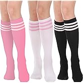 AQOKKA Athletic Knee High Socks for Women Cotton Casual Tube Socks Knit Stripes Thigh High Stockings Leg Warmer Outdoor Sport