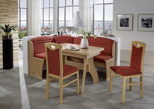 Beauty.Scouts Eckbankgruppe 'Austria', Buche Natur Dekor Eckbank Tisch 2 Stühle rot meliert Set 4-teilig Truheneckbank Küche 