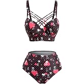 DRESSFO Womens Retro Bikini Set Gothic Two Piece Skulls Heart Polka Dots Printed Bowknot Vintage Tankini Bathing Suit