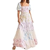 Women Patchwork Dress Y2k Floral Puff Short Sleeve Maxi Dress Summer Boho Smocked Tiered Ruffle Beach Sundress