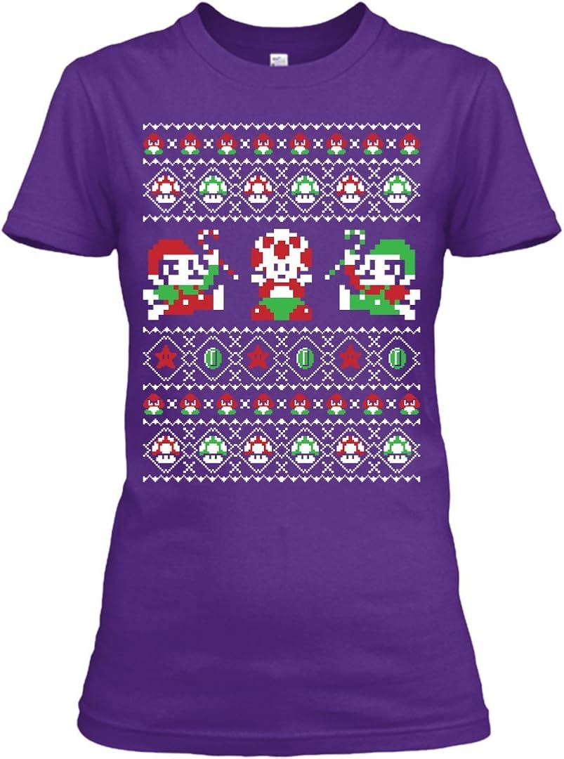 Super Mario Bros Ugly Christmas Sweater T Shirt - Super Christmas Bros Ladies (XXL, Purple 